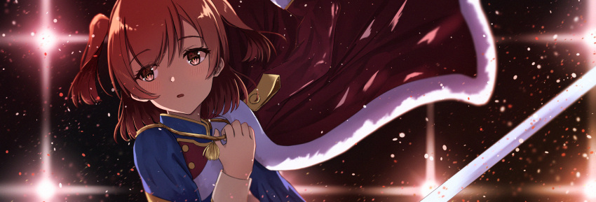 1girl aijou_karen atychi bangs black_background blush brown_eyes brown_hair double-breasted eyebrows_visible_through_hair eyelashes fur_trim highres holding holding_sword holding_weapon jacket_on_shoulders looking_away petals sash shoujo_kageki_revue_starlight solo stage_lights sword two_side_up upper_body weapon