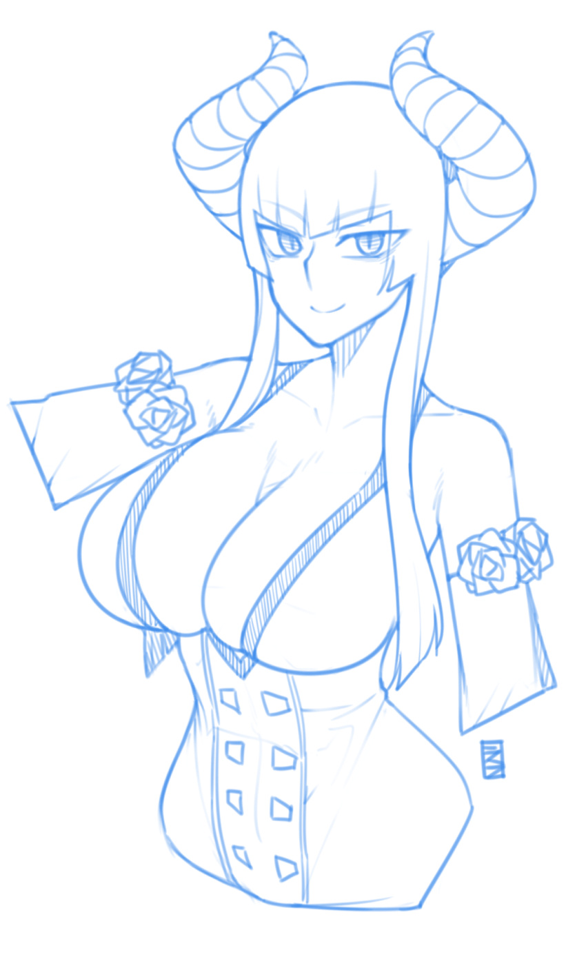 1girl blue breasts copyright_request cropped_arms ekz_(drawfag) eyebrows_visible_through_hair flower highres horns huge_breasts long_hair looking_at_viewer monochrome rose signature simple_background smile solo upper_body white_background