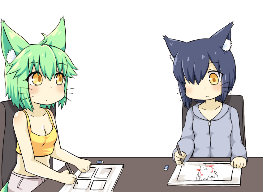 2girls ahoge animal_ear_fluff animal_ears bangs bare_arms bare_shoulders blood bloody_tears blue_hair blush breasts brown_eyes camisole cat_ears chains cleavage closed_mouth collarbone commentary crop_top english_commentary eraser eyebrows_visible_through_hair green_hair greenteaneko greenteaneko-chan grey_shorts hair_between_eyes hair_over_one_eye highres holding holding_pen hood hood_down hooded_jacket jacket looking_at_another multiple_girls original pen purple_jacket short_hair shorts sitting small_breasts table tail whiskers yellow_camisole