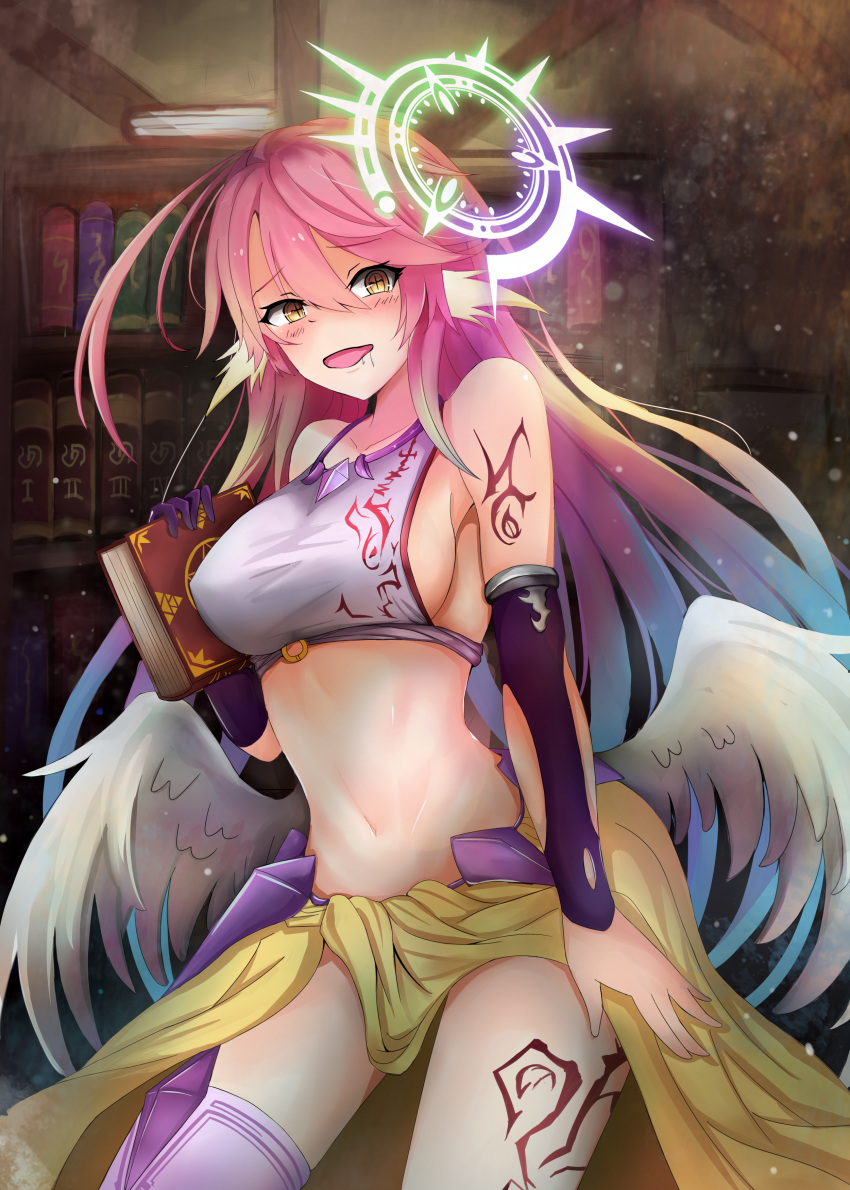 1girl absurdres angel_wings artist_request blush book breasts commentary_request crop_top cross drooling feathered_wings gradient_hair halo highres holding holding_book huge_filesize jibril_(no_game_no_life) large_breasts long_hair low_wings magic_circle midriff mismatched_legwear multicolored multicolored_hair navel no_game_no_life pink_hair saliva sideboob solo stomach symbol-shaped_pupils tattoo very_long_hair white_wings wing_ears wings