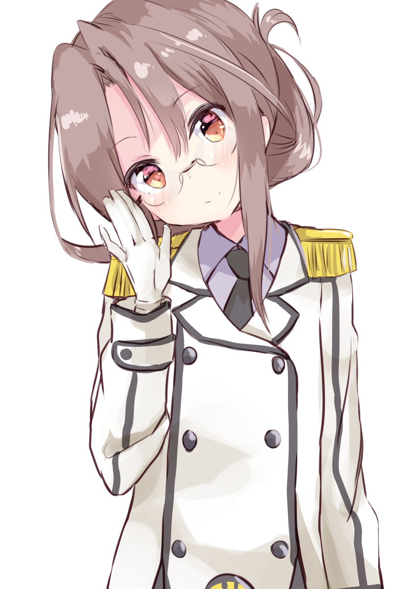 1girl absurdres adjusting_eyewear amano_kouki arm_up bangs black_neckwear blush brown_eyes brown_hair closed_mouth collared_shirt commentary_request cosplay epaulettes eyebrows_visible_through_hair glasses gloves grey_shirt hair_between_eyes head_tilt highres jacket kantai_collection katori_(kantai_collection) katori_(kantai_collection)_(cosplay) long_sleeves looking_at_viewer necktie shirt simple_background smile solo upper_body white_background white_gloves white_jacket zuihou_(kantai_collection)