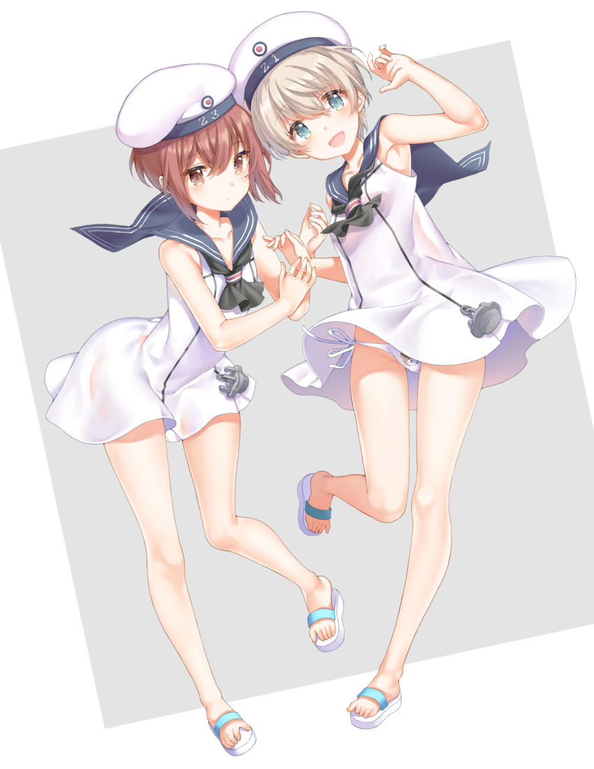 2girls anchor animal_print armpits arms_up bangs bear_panties bear_print black_neckwear black_sailor_collar blue_eyes blush brown_eyes brown_hair closed_mouth clothes_writing collarbone commentary_request dress eyebrows_visible_through_hair full_body hair_between_eyes hat highres kantai_collection legs looking_at_viewer multiple_girls neckerchief open_mouth panties pantyshot print_panties sailor_collar sailor_dress sailor_hat sandals shiosoda short_hair side-tie_panties silver_hair simple_background smile thighs underwear white_background white_dress white_hat white_panties z1_leberecht_maass_(kantai_collection) z3_max_schultz_(kantai_collection)