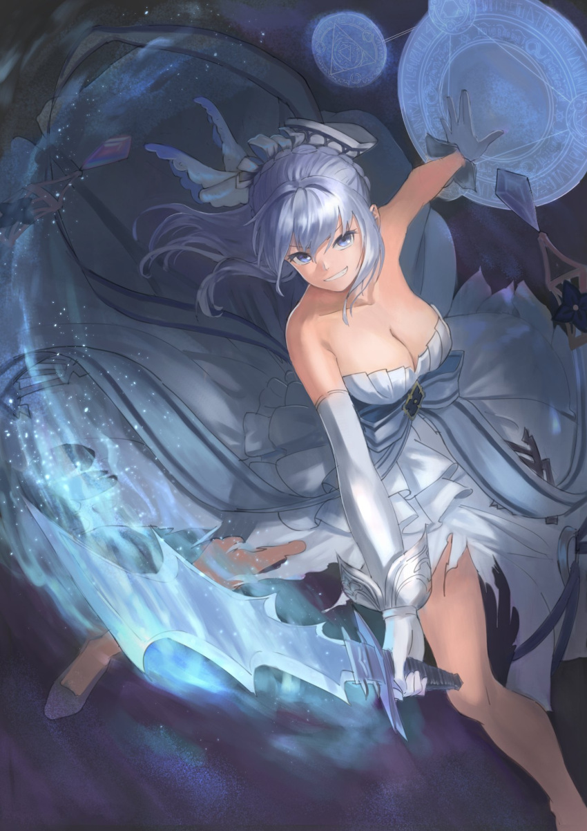 1girl bangs blue_dress blue_eyes blue_footwear blue_hair breasts cleavage commentary_request dress fighting_stance gloves granblue_fantasy highres holding holding_sword holding_weapon long_hair looking_at_viewer magic medium_breasts silver_hair slashing smile solo sword therese_(granblue_fantasy) wasabi60 weapon white_gloves