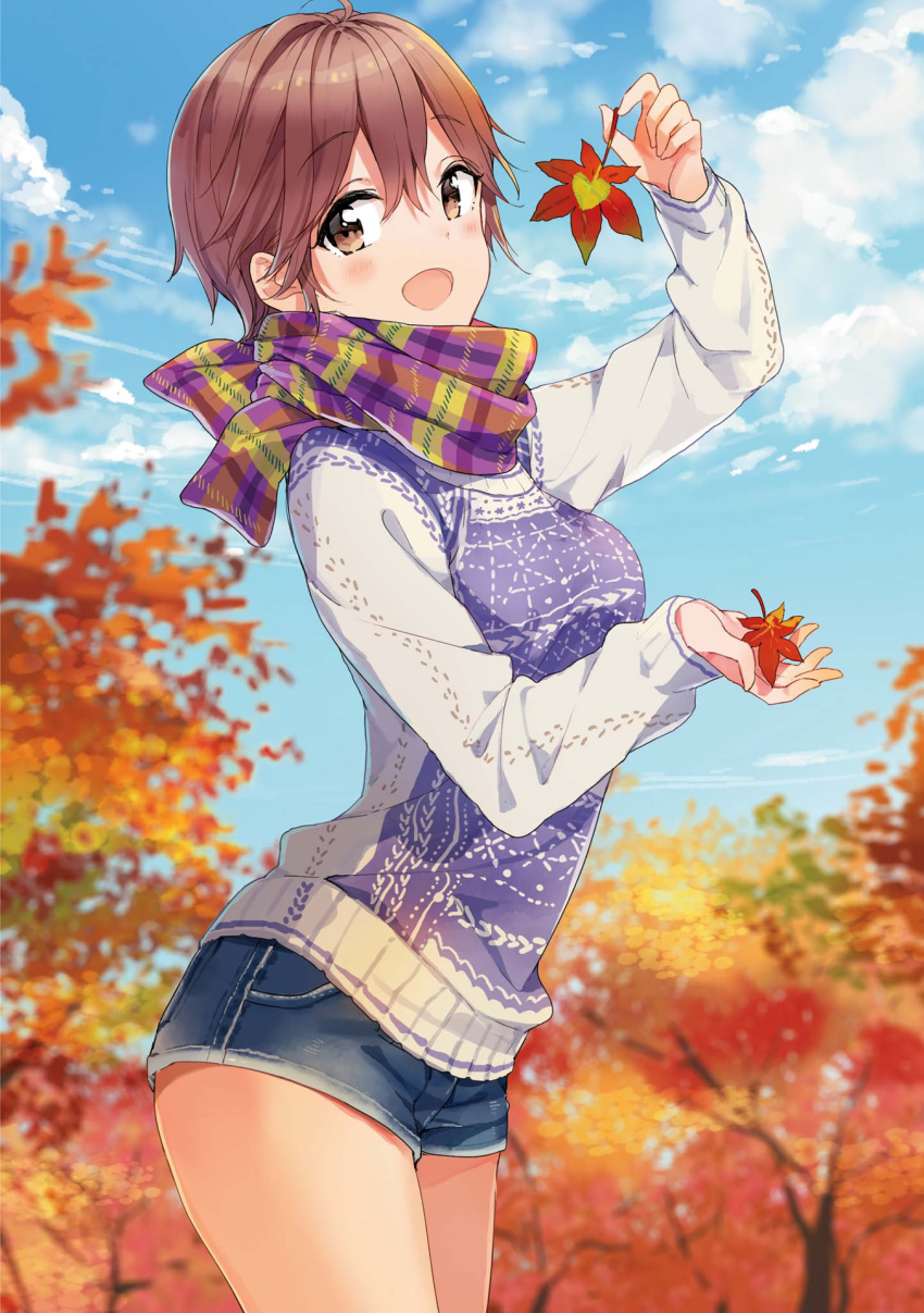 1girl :d ahoge arm_up autumn autumn_leaves blue_sky blurry blurry_background blush brown_eyes brown_hair clouds cowboy_shot day denim denim_shorts depth_of_field from_side futaba_tae hair_between_eyes highres holding holding_leaf leaf long_sleeves looking_at_viewer looking_to_the_side masamune-kun_no_revenge multicolored multicolored_clothes multicolored_scarf open_mouth outdoors print_scarf print_sweater scan scarf short_hair short_shorts shorts sky sleeves_past_wrists smile solo sweater thighs tiv tree