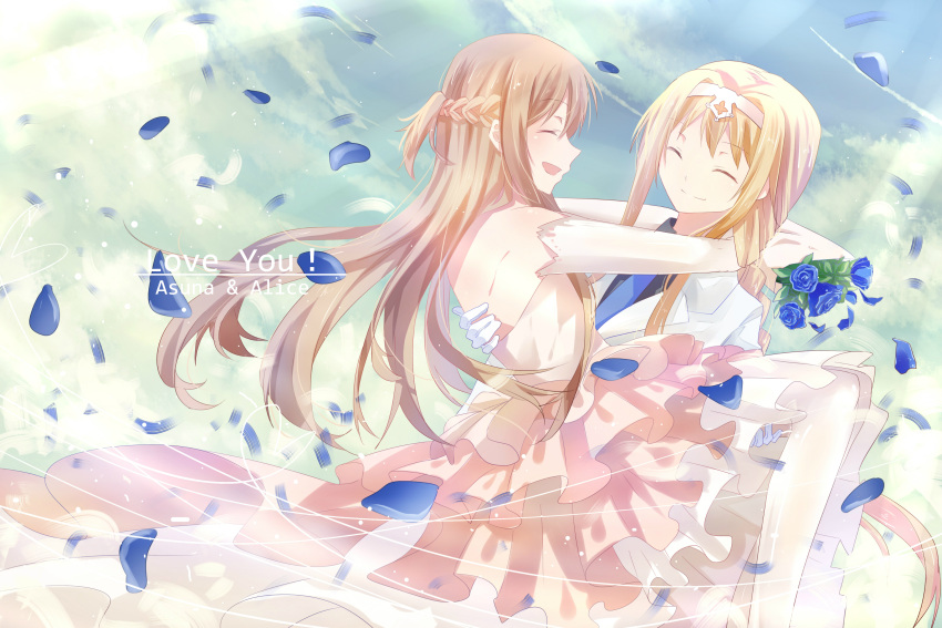2girls absurdres alice_schuberg asuna_(sao) backless_dress backless_outfit blonde_hair blue_flower blue_neckwear blue_rose bouquet braid brown_hair carrying character_name chinese_commentary closed_eyes commentary_request dress elbow_gloves english facing_another flower gloves hairband highres long_hair multiple_girls necktie open_mouth petals princess_carry rose smile sword_art_online very_long_hair walluku wedding wedding_dress white_gloves wife_and_wife yuri