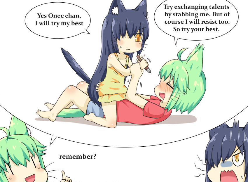 2girls ahoge animal_ear_fluff animal_ears ass_grab bangs bare_arms bare_shoulders barefoot blue_hair blue_shorts blush brown_eyes closed_eyes closed_mouth collarbone dress english eyebrows_visible_through_hair green_hair greenteaneko greenteaneko-chan groping hair_between_eyes hair_over_one_eye highres holding holding_pencil long_hair multiple_girls nose_blush original pencil red_shirt shirt short_shorts short_sleeves shorts sleeveless sleeveless_dress soles sweat tail very_long_hair wavy_mouth yellow_dress younger