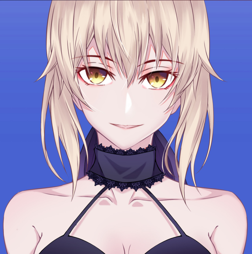 1girl 333_(pixiv8601259) artoria_pendragon_(all) blue_background breasts choker cleavage collarbone eyebrows_visible_through_hair fate/stay_night fate_(series) hair_between_eyes halterneck highres looking_at_viewer parted_lips portrait saber_alter short_hair sidelocks silver_hair simple_background sleeveless small_breasts smile solo yellow_eyes
