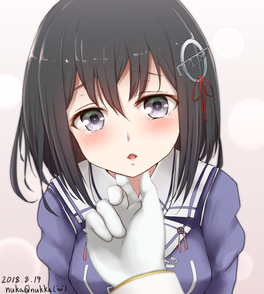 1girl black_hair blush breasts crying crying_with_eyes_open eyebrows_visible_through_hair gloves gradient gradient_background haguro_(kantai_collection) hair_ornament highres jacket kantai_collection large_breasts long_sleeves looking_at_viewer medium_hair nuka_(nvkka) open_mouth purple_jacket school_uniform serafuku tears violet_eyes white_gloves