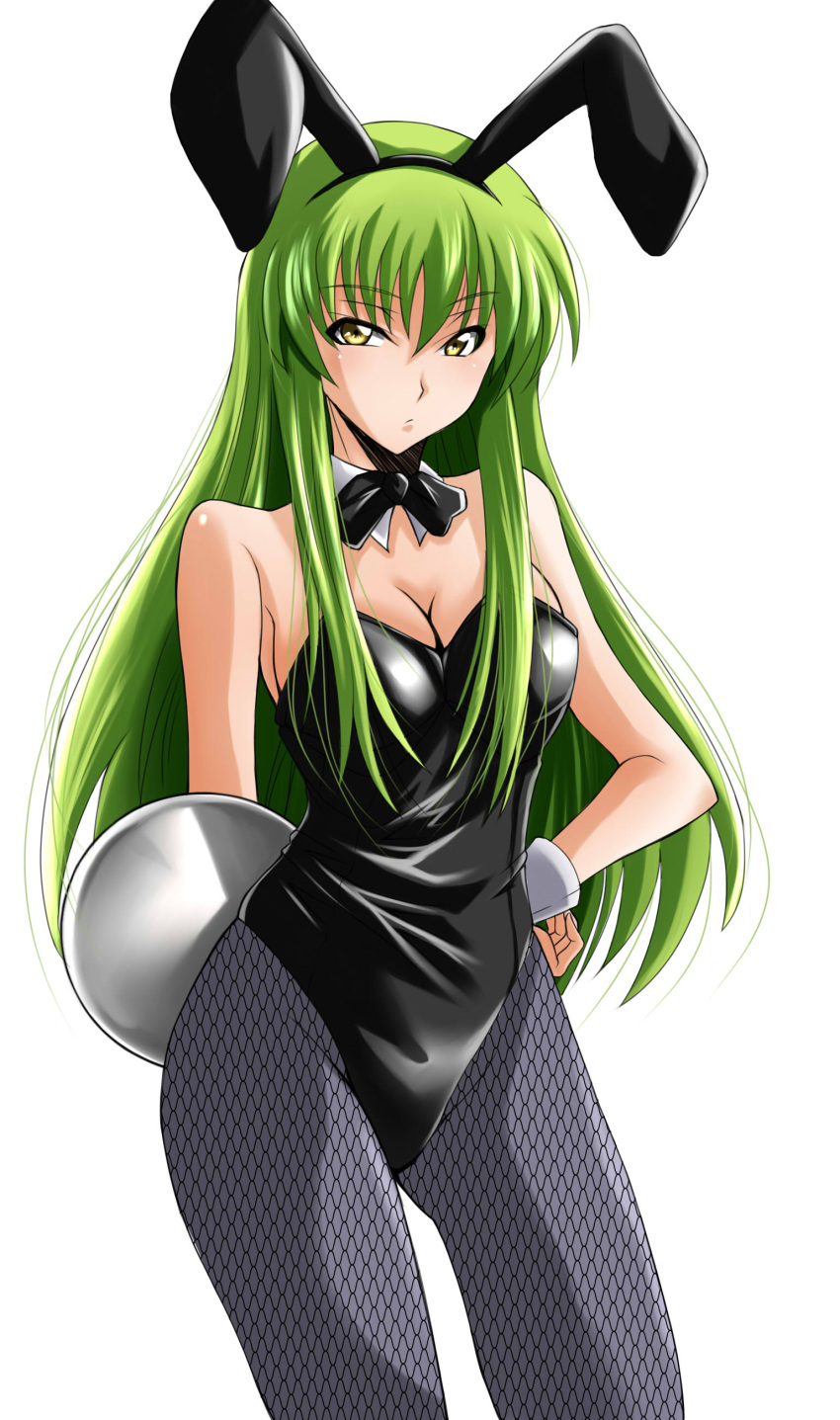 1girl absurdres animal_ears bangs bare_shoulders black_bow black_hairband black_leotard black_neckwear bow bowtie breasts bunnysuit c.c. cleavage code_geass detached_collar eyebrows_visible_through_hair fake_animal_ears green_hair grey_legwear hair_between_eyes hairband hand_on_hip highres leotard long_hair medium_breasts pantyhose rabbit_ears saucer sidelocks simple_background solo straight_hair white_background wrist_cuffs yamada_(fanfantaisa) yellow_eyes