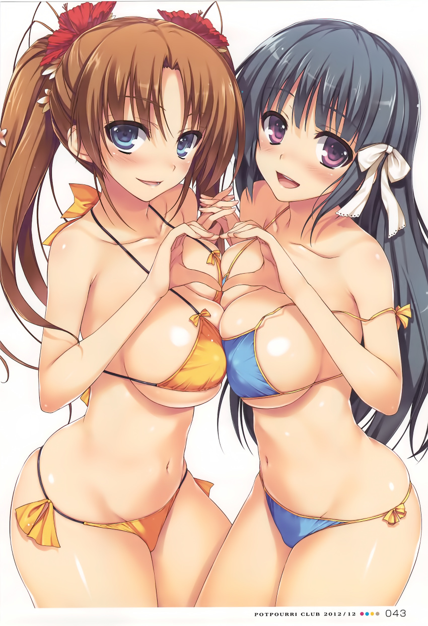 2girls absurdres bangs bikini black_hair blue_eyes breast_press breasts brown_hair cleavage collarbone eyebrows_visible_through_hair flower hair_flower hair_ornament heart heart_hands highres interlocked_fingers large_breasts long_hair looking_at_viewer multiple_girls navel off_shoulder open_mouth original scan side-tie_bikini sideboob simple_background swimsuit tomose_shunsaku twintails violet_eyes white_background