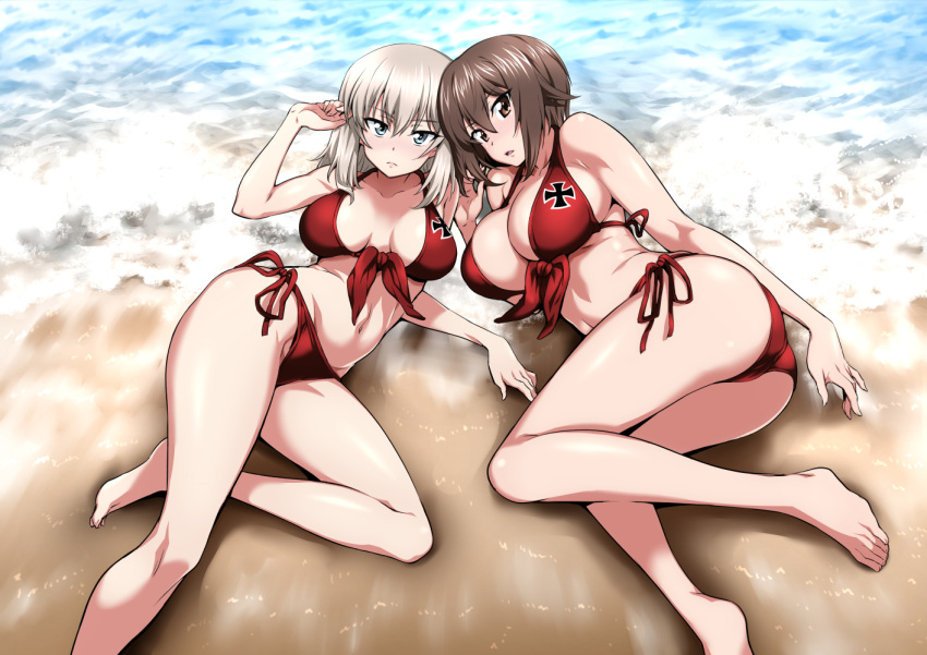 2girls ass bare_legs barefoot beach bikini blue_eyes breasts brown_eyes brown_hair cleavage eyebrows_visible_through_hair front-tie_bikini front-tie_top girls_und_panzer grey_hair hair_between_eyes itsumi_erika large_breasts lying medium_hair multiple_girls nakahira_guy navel nishizumi_maho on_back on_side outdoors red_bikini short_hair side-tie_bikini sidelocks swimsuit water