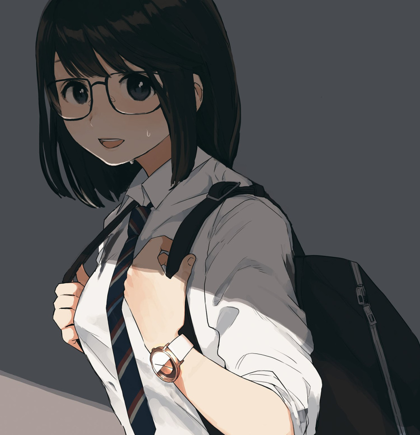 1girl :d backpack bag black-framed_eyewear black_eyes blue_neckwear blush brown_hair collared_shirt glasses grey_background hands_up highres looking_at_viewer morifumi necktie open_mouth original shirt short_hair smile solo sweat upper_body watch watch white_shirt wing_collar