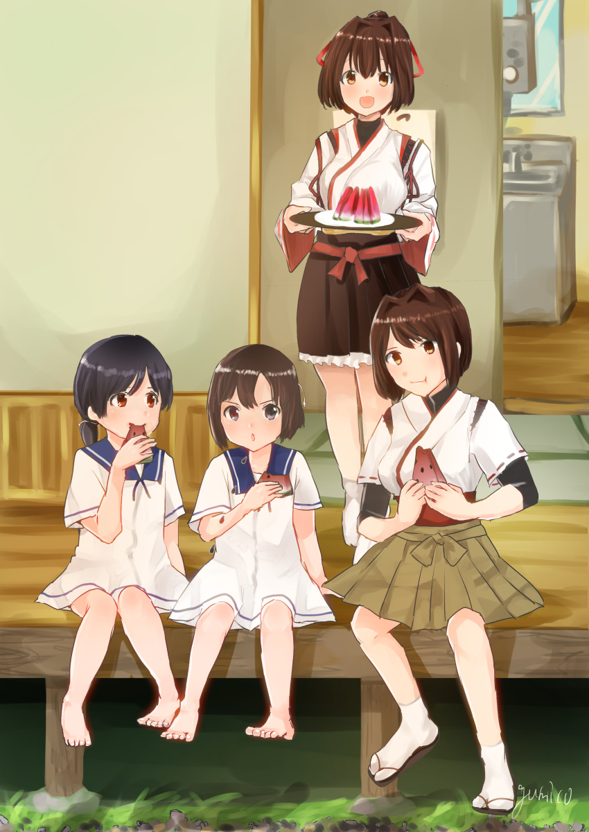 4girls absurdres barefoot black_hair blue_sailor_collar brown_eyes brown_hair brown_hakama commentary_request daitou_(kantai_collection) dress eating food fruit gumiko hair_ribbon hakama hiburi_(kantai_collection) highres ise_(kantai_collection) japanese_clothes kantai_collection multiple_girls plate ponytail red_eyes remodel_(kantai_collection) ribbon sailor_collar sailor_dress sandals short_hair short_sleeves sitting skin_tight tabi undershirt veranda watermelon white_legwear