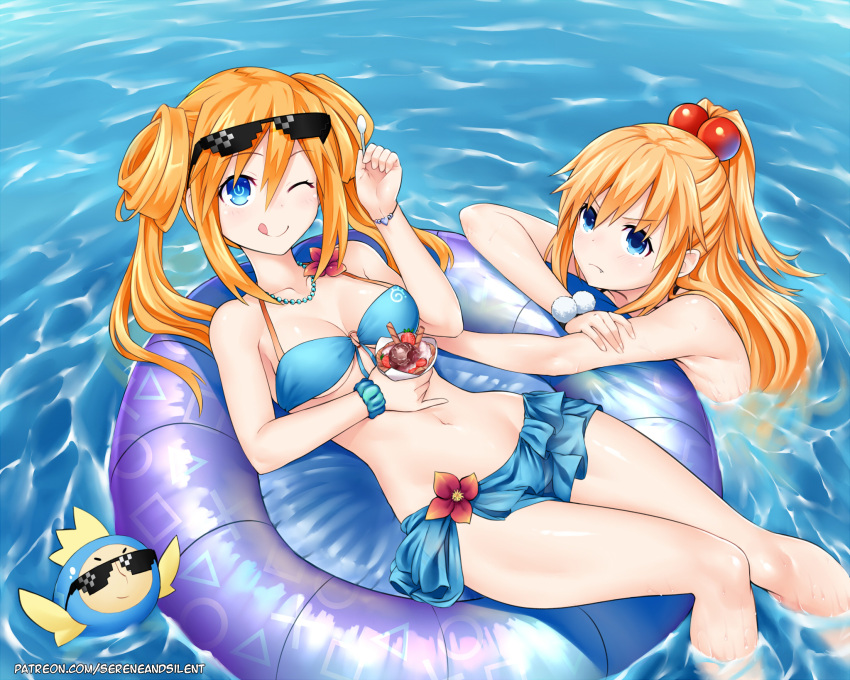 2girls ;q angry bikini bikini_skirt blue_bikini blue_eyes blush breasts cleavage collarbone commentary day deal_with_it double_bun fang food frown groin grumpy hair_between_eyes highres holding holding_food holding_spoon ice_cream innertube jewelry long_hair looking_at_viewer medium_breasts multiple_girls navel necklace neptune_(series) ocean one_eye_closed orange_hair orange_heart outdoors partially_submerged pish ponytail power_symbol sereneandsilent shin_jigen_game_neptune_vii soaking_feet spoon sunglasses swimming swimsuit symbol-shaped_pupils tongue tongue_out twintails umio_(choujigen_game_neptune)