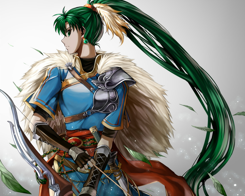 1girl arrow bow_(weapon) bracer breasts cape capelet cowboy_shot delsaber dress earrings expressionless feathers fire_emblem fire_emblem:_rekka_no_ken fire_emblem_heroes fur_cape gauntlets green_eyes green_hair grey_background hair_feathers highres jewelry leaf long_hair long_ponytail looking_at_viewer lyndis_(fire_emblem) medium_breasts pelvic_curtain ponytail profile short_sleeves shoulder_armor solo turtleneck weapon wind