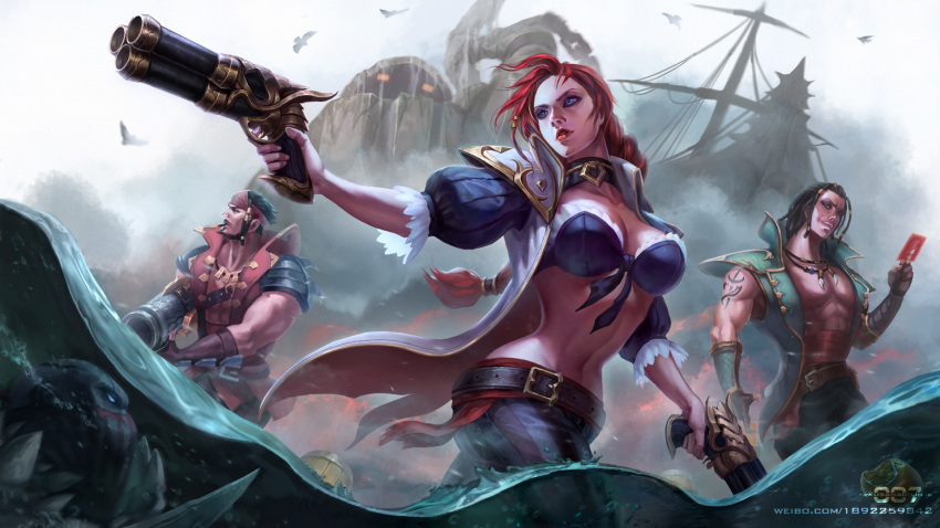 1girl 4boys blue_eyes breasts dual_wielding gun handgun highres holding kusanagi_lin large_breasts league_of_legends malcolm_graves midriff multiple_boys narrow_waist nautilus_(league_of_legends) pistol pyke_(league_of_legends) redhead sarah_fortune tagme twisted_fate weapon