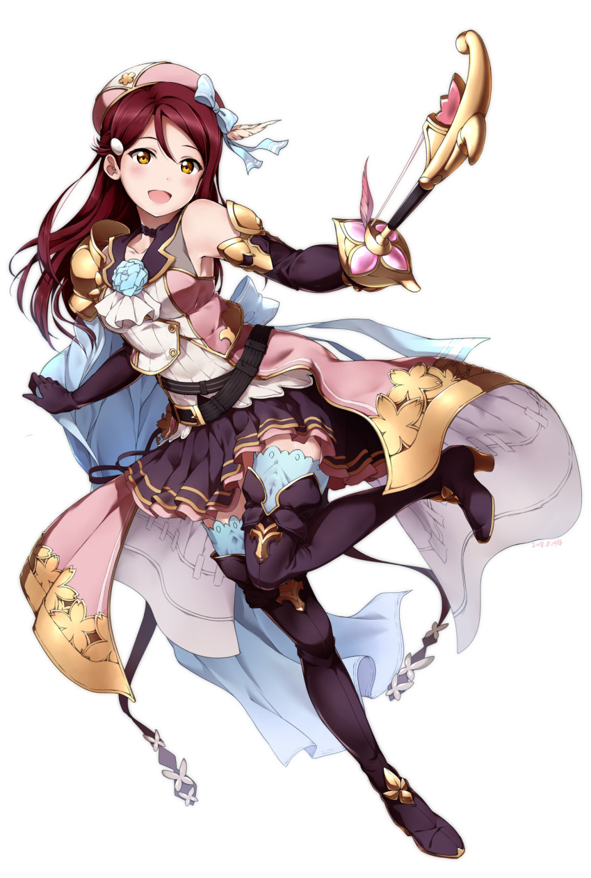 1girl :d ascot belt black_choker blue_bow blue_flower boots bow bow_(instrument) choker dated elbow_gloves flower full_body gloves granblue_fantasy hair_ornament hairclip hat hat_bow hat_feather high_heel_boots high_heels highres holding holding_weapon long_hair looking_at_viewer love_live! love_live!_sunshine!! open_mouth overskirt pauldrons redhead sakurauchi_riko shiimai simple_background smile solo standing standing_on_one_leg thigh-highs thigh_boots weapon white_background white_neckwear yellow_eyes