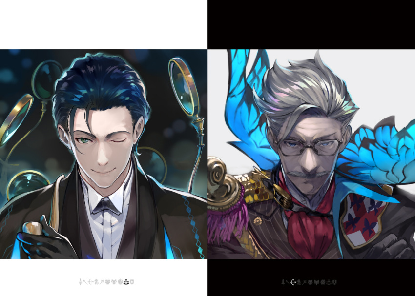 2boys black_hair blue_eyes bow bowtie contrast cravat facial_hair fate/grand_order fate_(series) glasses green_eyes grey_hair james_moriarty_(fate/grand_order) magnifying_glass multiple_boys mustache one_eye_closed pipe sherlock_holmes_(fate/grand_order) shirabi