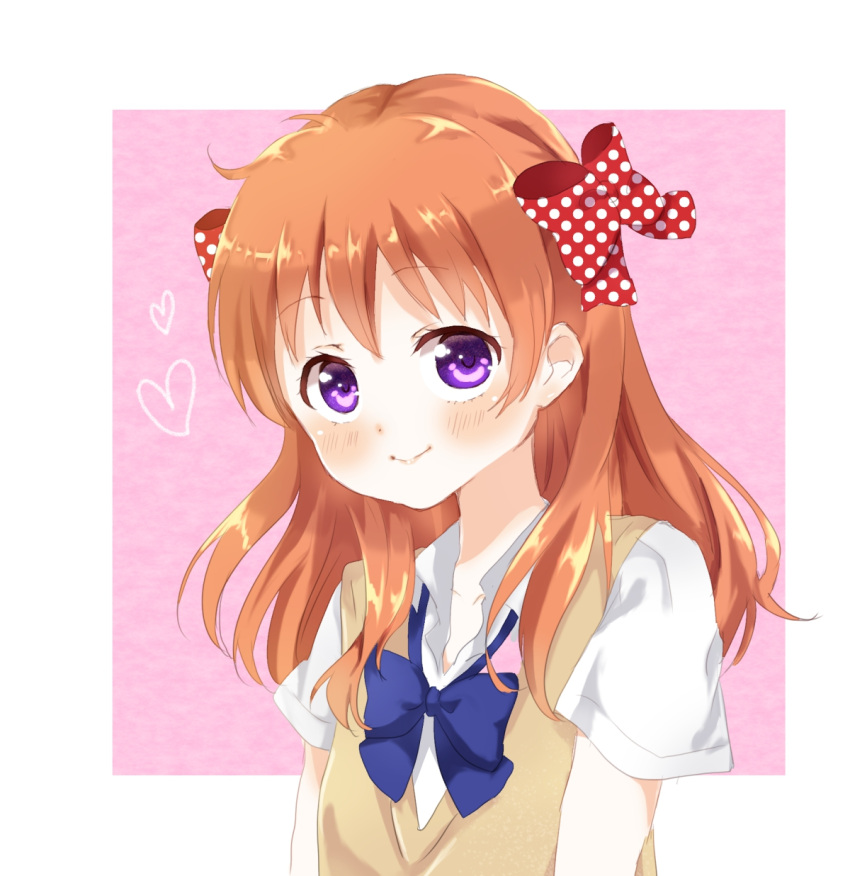 1girl bow gekkan_shoujo_nozaki-kun hair_bow highres looking_at_viewer mearian orange_hair polka_dot polka_dot_bow rouman_academy_uniform sakura_chiyo school_uniform solo violet_eyes