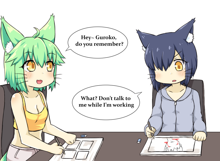 2girls :3 :d ahoge animal_ear_fluff animal_ears bangs bare_arms bare_shoulders blood bloody_tears blue_hair blush breasts brown_eyes camisole cat_ears chains cleavage collarbone crop_top english eraser eyebrows_visible_through_hair green_hair greenteaneko greenteaneko-chan grey_shorts hair_between_eyes hair_over_one_eye highres holding holding_pen hood hood_down hooded_jacket jacket looking_at_another multiple_girls open_mouth original parted_lips pen purple_jacket short_hair shorts sitting small_breasts smile table tail whiskers yellow_camisole