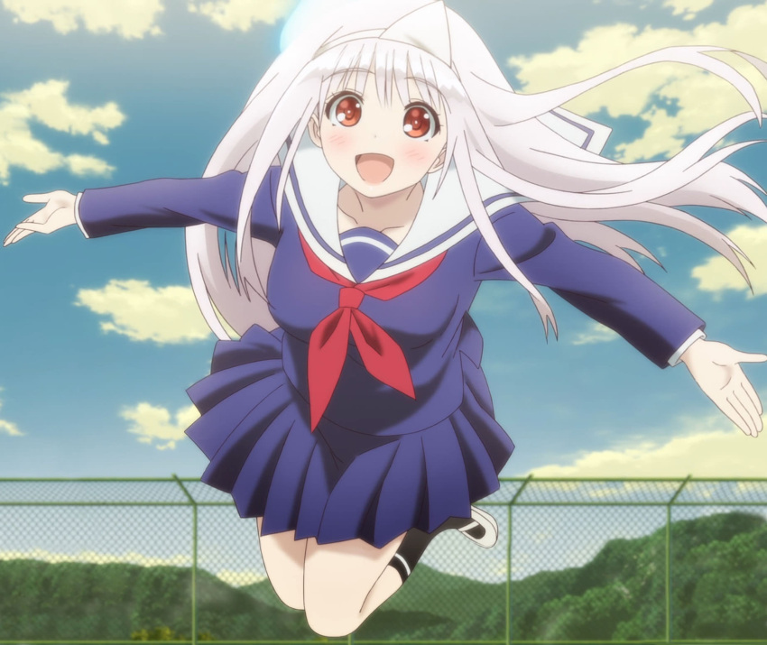 1girl clouds ghost highres long_hair red_eyes rooftop school_uniform screencap sky white_hair yunohana_yuuna yuragisou_no_yuuna-san