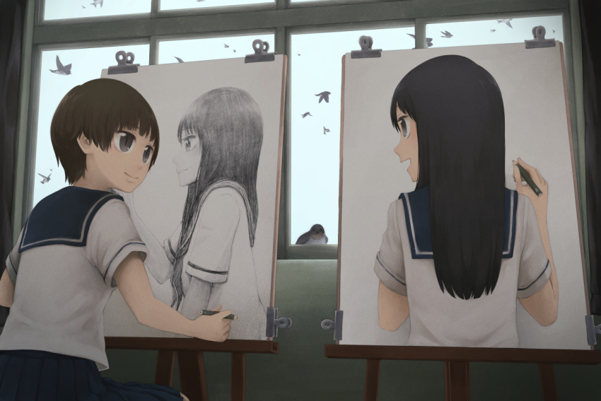 2girls backlighting bird black_eyes brown_hair clip commentary dark drawing easel eye_contact hand_on_another's_cheek hand_on_another's_face indoors long_hair looking_at_another looking_to_the_side multiple_girls oekaki_musume open_mouth original pencil pidgeon school_uniform serafuku short_hair sitting sky smile window yajirushi_(chanoma)