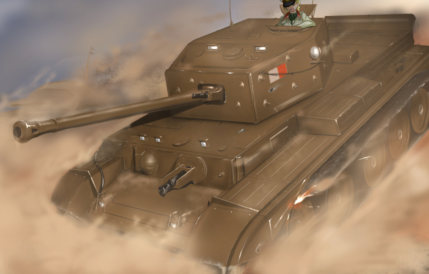 1girl aegis_(nerocc) blonde_hair blue_eyes caterpillar_tracks cromwell_(tank) day desert ground_vehicle hat highres military military_hat military_uniform military_vehicle motor_vehicle original sky tank uniform weapon world_of_tanks