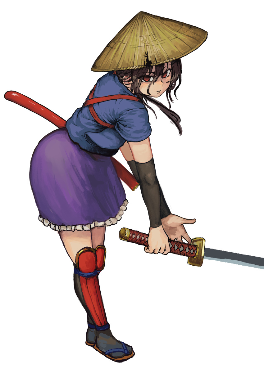 1girl absurdres armor blue_shirt brown_hair chanta_(ayatakaoisii) closed_mouth detached_sleeves grey_legwear hat highres holding holding_sword holding_weapon japanese_armor katana looking_at_viewer original purple_skirt red_eyes samurai sandals scabbard sheath shirt simple_background skirt solo standing sword tabi unsheathed weapon white_background