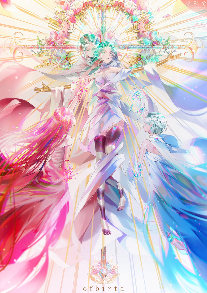 4others alternate_costume androgynous breaking closed_eyes colored_eyelashes crack cross crystal_hair dual_persona flower gem golden_arms goshenite_(houseki_no_kuni) green_hair highres houseki_no_kuni long_hair morganite_(houseki_no_kuni) multiple_others outstretched_arm outstretched_arms phosphophyllite pink_hair shards short_hair spoilers white_hair