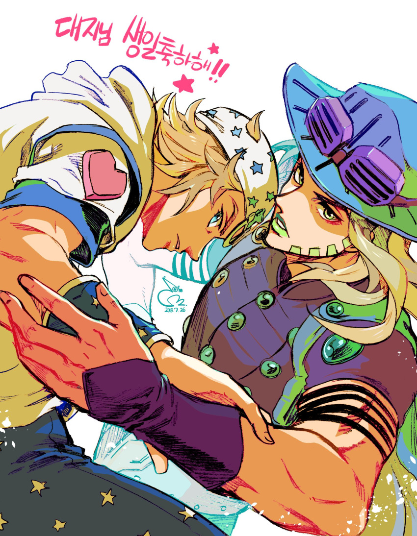 2boys 302 aqua_eyes blonde_hair cowboy_hat dated facial_hair goggles goggles_on_headwear green_eyes green_lipstick gyro_zeppeli hat heart highres hood johnny_joestar jojo_no_kimyou_na_bouken korean lipstick makeup male_focus multiple_boys parted_lips signature star star_print steel_ball_run translation_request wristband