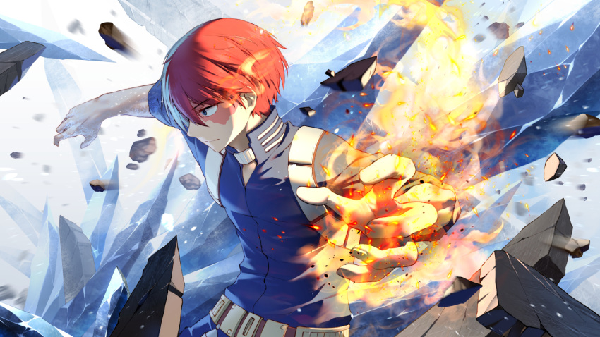 1boy belt blue_eyes blue_shirt boku_no_hero_academia closed_mouth commentary_request debris eyebrows_visible_through_hair fingernails fire from_side hair_between_eyes highres lilithbloody male_focus multicolored_hair redhead scar shirt solo todoroki_shouto two-tone_hair white_hair