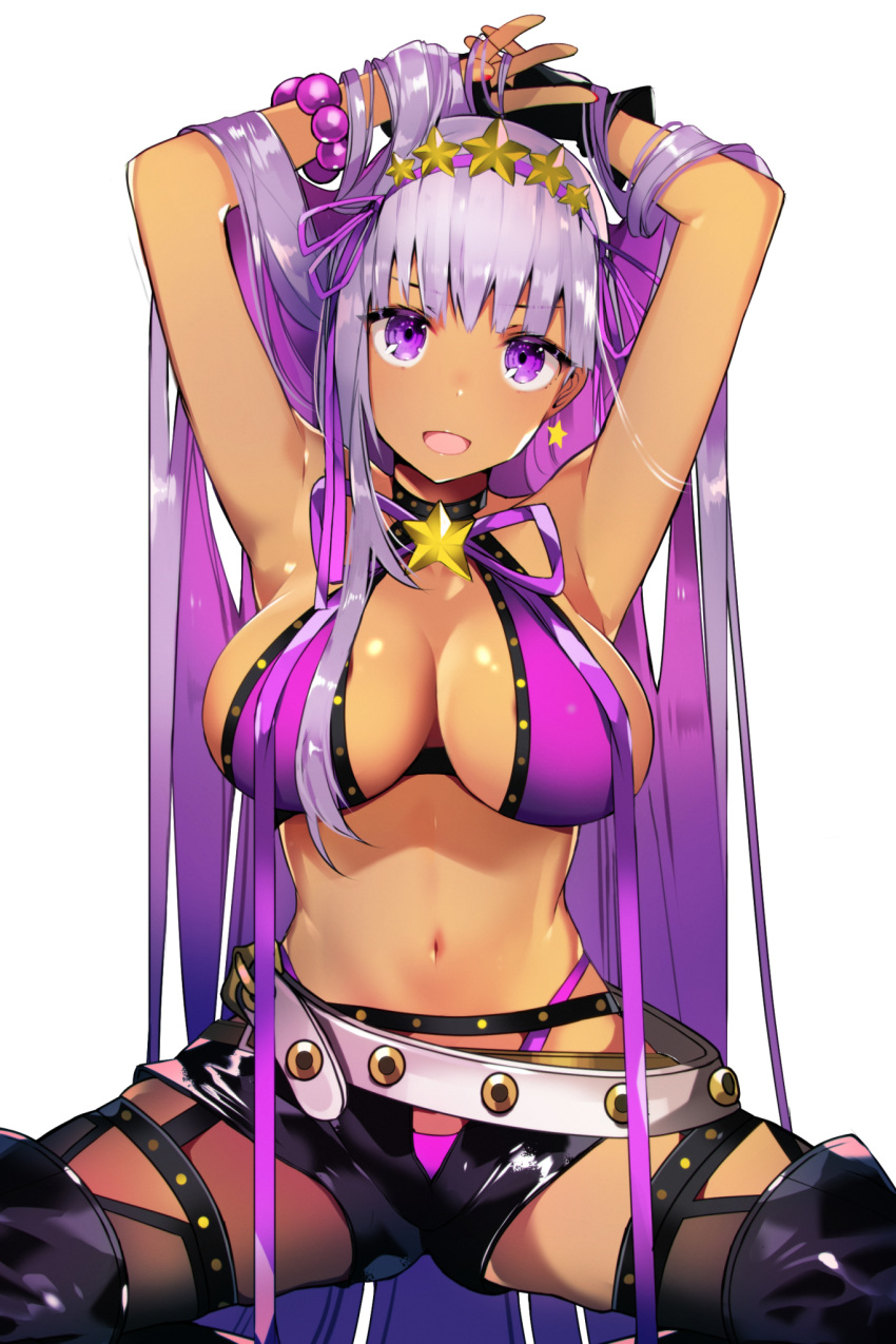 1girl arms_up bb_(swimsuit_mooncancer)_(fate) bead_bracelet beads bikini black_footwear black_gloves blush boots bracelet breasts earrings fate/grand_order fate_(series) fingerless_gloves garter_belt garter_straps gloves hair_ornament highres jewelry large_breasts long_hair looking_at_viewer navel open_mouth purple_bikini purple_hair short_shorts shorts simple_background sitting smile solo star star_earrings star_hair_ornament swimsuit tan tetsubuta thigh-highs thigh_boots very_long_hair violet_eyes white_background