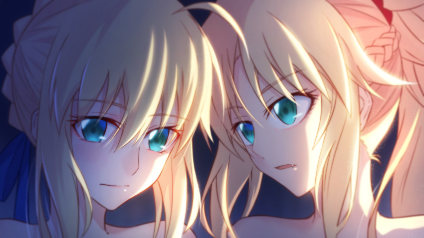 2girls 333_(pixiv8601259) ahoge aqua_eyes artoria_pendragon_(all) blonde_hair blue_background blue_ribbon eyebrows_visible_through_hair fang_out fate_(series) hair_between_eyes hair_ornament hair_ribbon hair_scrunchie highres long_hair mordred_(fate) mordred_(fate)_(all) multiple_girls nude open_mouth ponytail portrait red_scrunchie ribbon saber scrunchie tied_hair