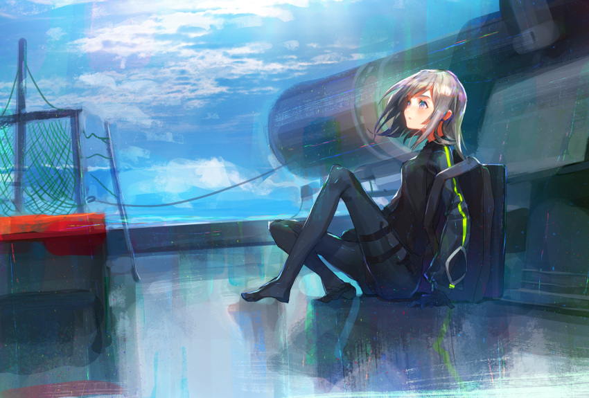 1girl backpack bag black_gloves black_jacket black_legwear blue_eyes blue_sky clouds commentary_request day enu_0426 from_side gloves grey_hair highres jacket long_sleeves original outdoors pantyhose parted_lips scenery ship short_hair sitting sky solo watercraft