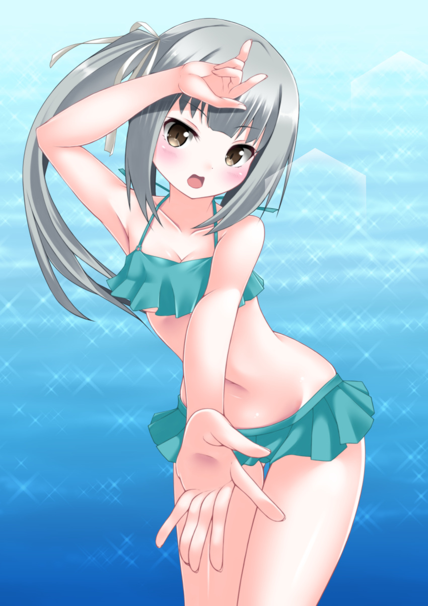 1girl bikini blush breasts brown_eyes eyebrows_visible_through_hair gradient gradient_background green_bikini grey_hair highres kantai_collection kasumi_(kantai_collection) kaze_makase long_hair looking_at_viewer open_mouth side_ponytail small_breasts solo swimsuit