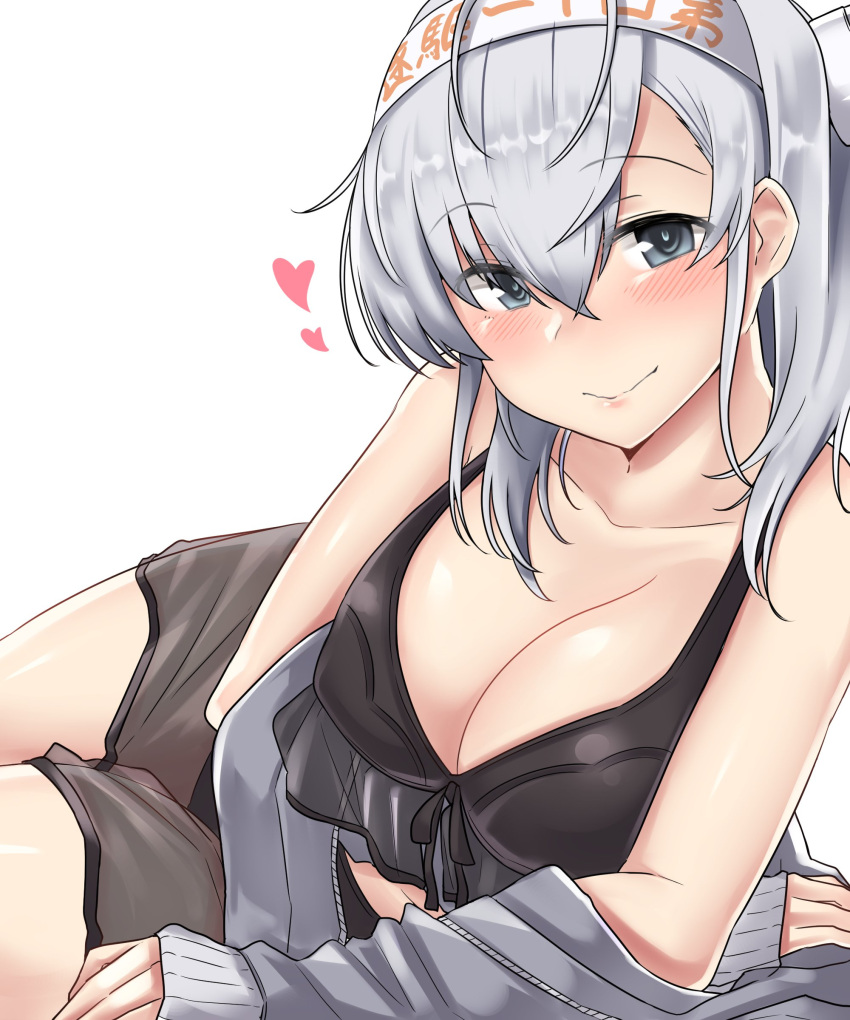 1girl absurdres arm_support arm_under_breasts bikini black_bikini blue_eyes blush breasts cleavage closed_mouth clothes_writing collarbone eyebrows_visible_through_hair grey_jacket hair_between_eyes heart highres jacket kantai_collection kiritto large_breasts long_sleeves looking_at_viewer sarong see-through simple_background smile solo suzutsuki_(kantai_collection) swimsuit white_background white_headband