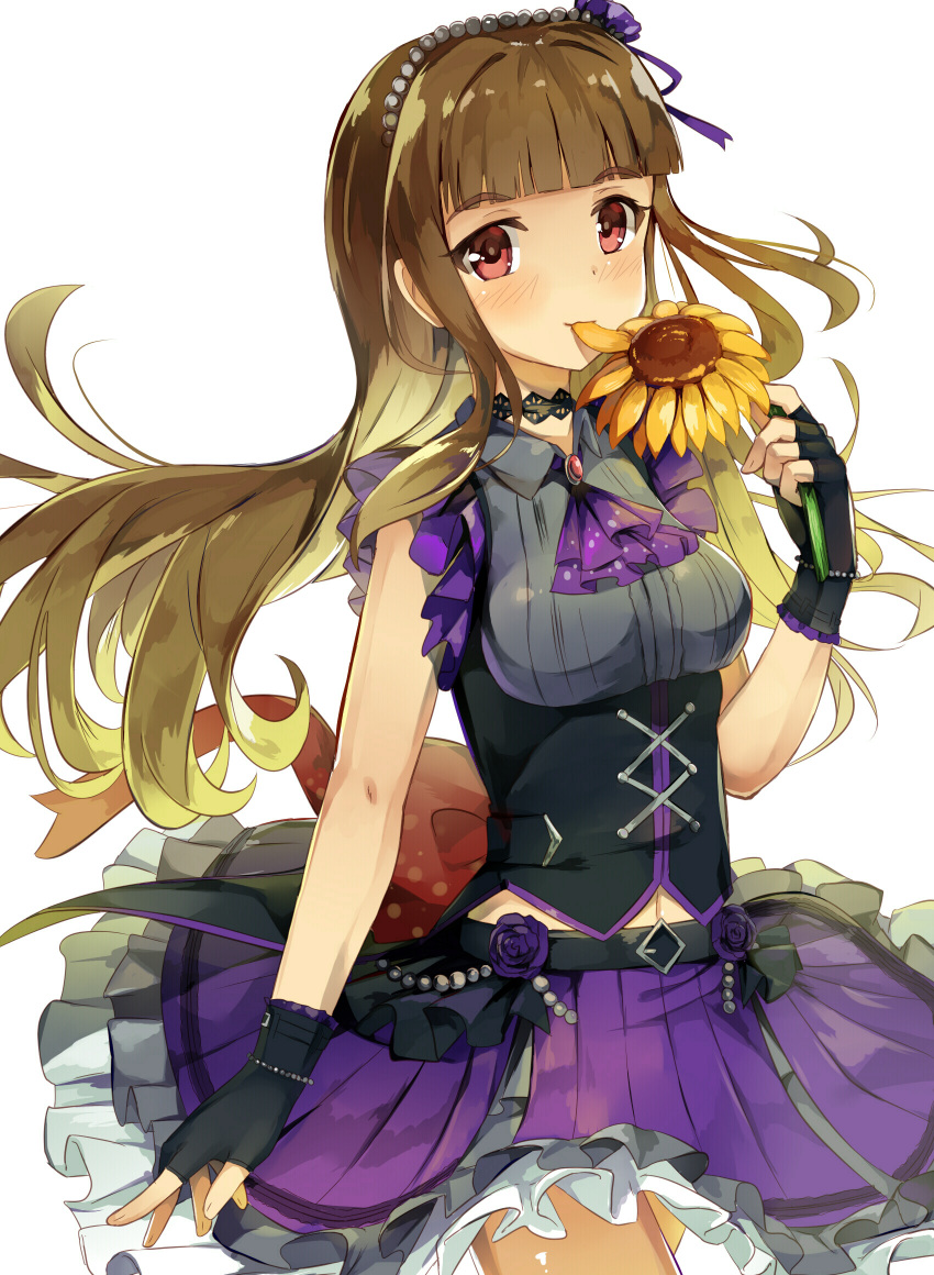 1girl ascot bangs black_gloves blunt_bangs blush bow breasts brown_hair closed_mouth collared_shirt commentary_request eyebrows_visible_through_hair fingerless_gloves fingernails flower frilled_skirt frills gloves grey_shirt hair_bow head_tilt highres holding holding_flower idolmaster idolmaster_cinderella_girls kamiya_nao long_hair medium_breasts mouth_hold pleated_skirt purple_bow purple_flower purple_neckwear purple_rose purple_skirt red_eyes rose seneto shirt simple_background skirt sleeveless sleeveless_shirt solo underbust very_long_hair white_background yellow_flower