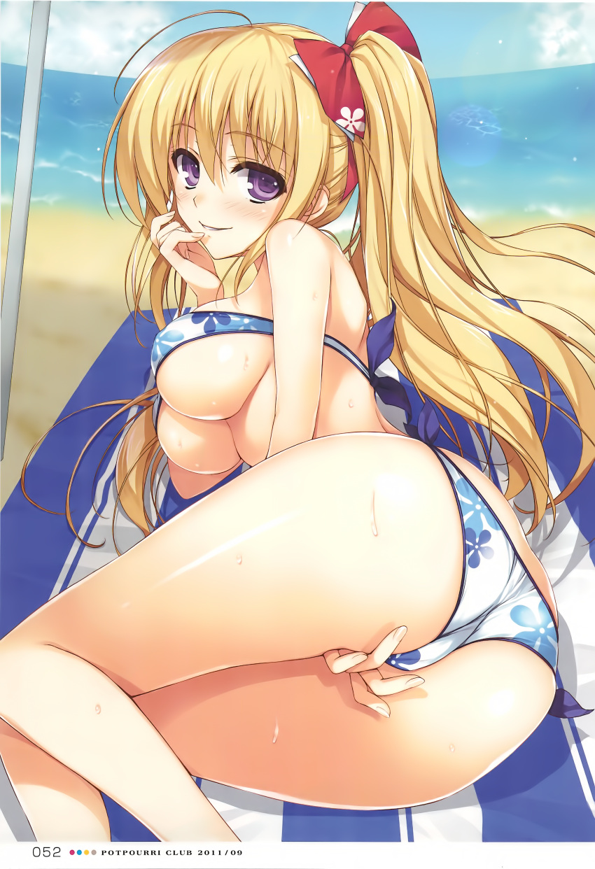 1girl absurdres ahoge ass bandeau beach between_legs bikini blonde_hair blush bow breasts clouds day finger_to_mouth floral_print hair_bow highres large_breasts long_hair looking looking_at_viewer ocean one_side_up original outdoors page_number scan side-tie_bikini sky smile solo sweat swimsuit tomose_shunsaku towel umbrella under_boob violet_eyes water wet