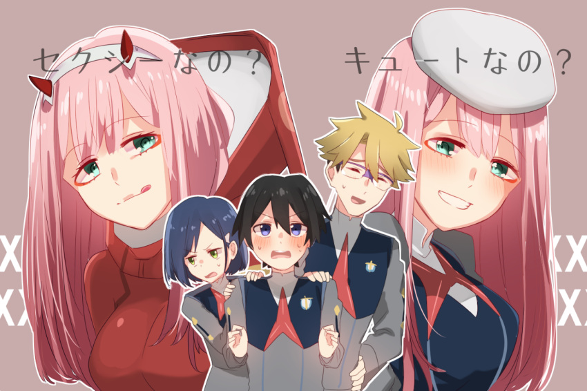 2boys 2girls ahoge bangs black_hair blonde_hair blue_eyes blue_hair blush breasts closed_eyes commentary_request darling_in_the_franxx dual_persona eyebrows_visible_through_hair glasses gorou_(darling_in_the_franxx) green_eyes hair_ornament hairband hairclip hand_on_another's_arm hand_on_another's_shoulder hand_on_own_wrist hands_up hat hiro_(darling_in_the_franxx) horns ichigo_(darling_in_the_franxx) lips lipstick long_hair long_sleeves looking_at_viewer makeup medium_breasts military military_uniform multiple_boys multiple_girls necktie oni_horns peaked_cap pink_hair red_horns red_neckwear short_hair sweat syr5anx3 tongue tongue_out translated uniform white_hairband zero_two_(darling_in_the_franxx)