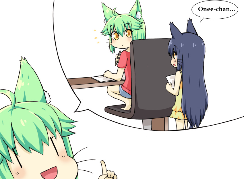 2girls :d ahoge animal_ears bangs bare_arms bare_shoulders blue_hair blue_shorts blush brown_eyes chair closed_mouth dress eyebrows_visible_through_hair green_eyes greenteaneko greenteaneko-chan hair_between_eyes hand_up highres holding holding_pen index_finger_raised long_hair looking_back multiple_girls open_mouth original parted_lips pen red_shirt shirt short_shorts short_sleeves shorts simple_background sleeveless sleeveless_dress smile squatting table very_long_hair whiskers white_background yellow_dress younger |_|