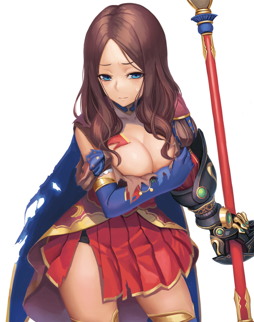 1girl bangs blue_cape blue_eyes blue_gloves blue_legwear breast_hold breasts brown_hair cape cleavage closed_mouth collarbone commentary_request covering covering_breasts elbow_gloves fate/grand_order fate_(series) gloves half-closed_eyes highres holding holding_staff large_breasts leonardo_da_vinci_(fate/grand_order) long_hair looking_at_viewer mechanical_arm parted_bangs pleated_skirt ranma_(kamenrideroz) red_skirt simple_background single_elbow_glove skirt solo staff standing star star_print sweatdrop thigh-highs torn_clothes wavy_hair white_background