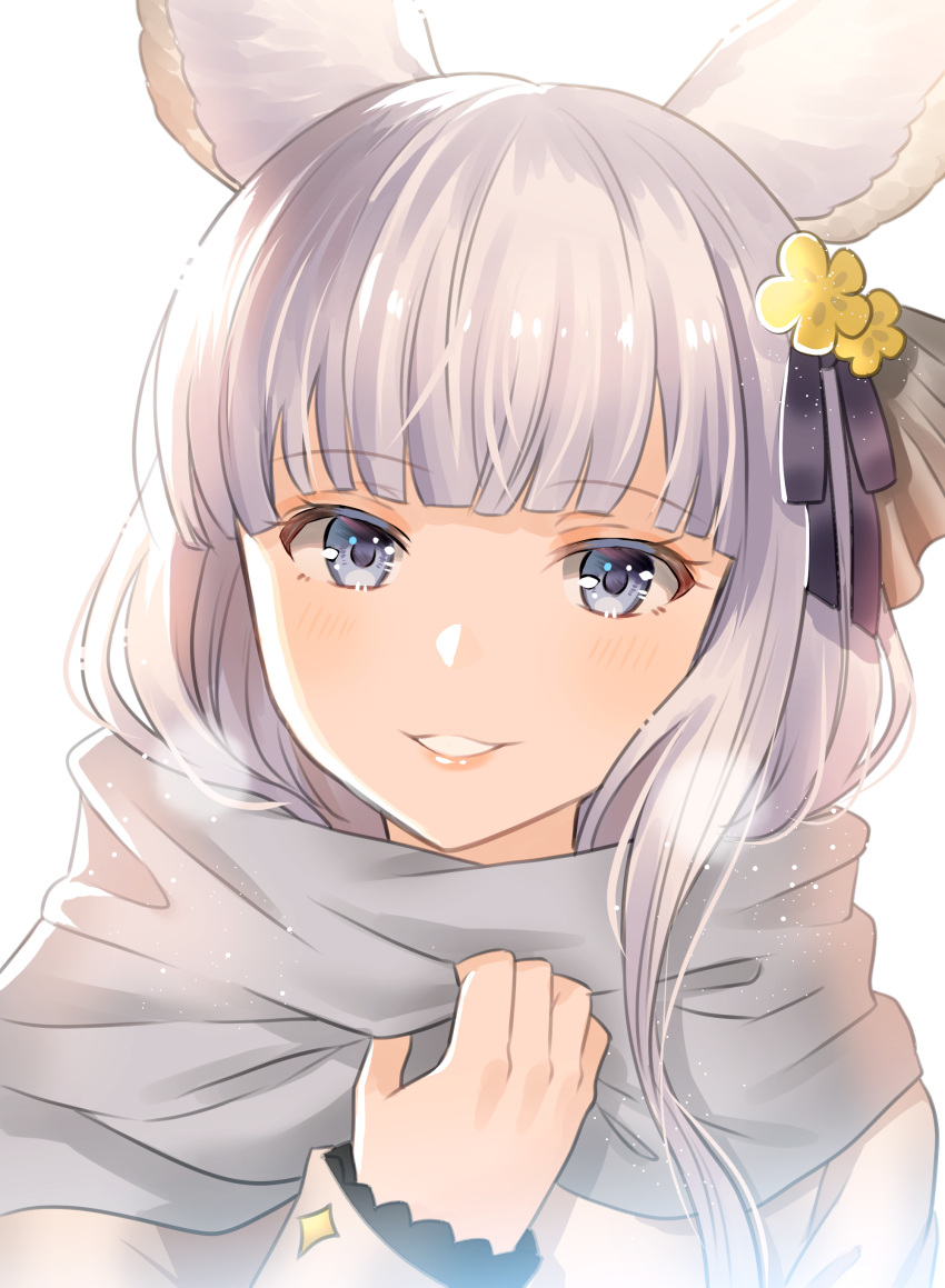 1girl absurdres animal_ears bangs black_ribbon blue_eyes blunt_bangs blush commentary_request enpera erune eyebrows_visible_through_hair flower granblue_fantasy grey_scarf hair_flower hair_ornament hair_ribbon head_tilt highres jacket korwa long_hair long_sleeves looking_at_viewer myusha parted_lips ribbon scarf silver_hair simple_background smile solo white_background white_jacket white_scarf yellow_flower