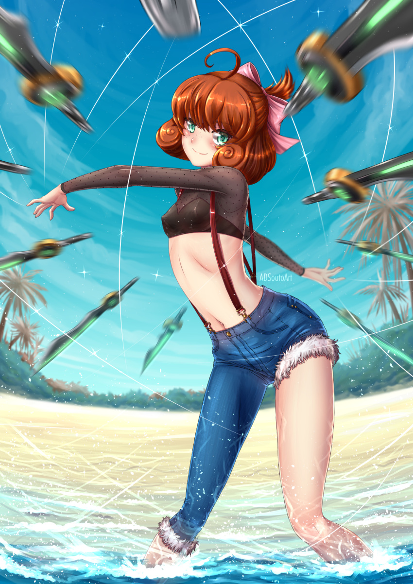 1girl adsouto ahoge asymmetrical_clothes beach blue_sky blush bow breasts brown_hair casual crop_top curly_hair eyebrows_visible_through_hair freckles green_eyes hair_bow highres looking_at_viewer midriff motion_blur navel palm_tree penny_polendina rwby short_hair single_pantsleg sky small_breasts smile solo suspenders sword tree water watermark weapon