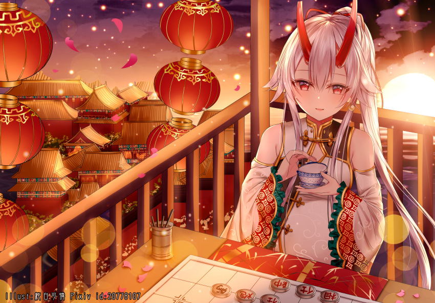 1girl absurdres breasts building chinese_clothes clouds cloudy_sky cup detached_sleeves dress fate/grand_order fate_(series) hair_ribbon heroic_spirit_traveling_outfit high_ponytail highres holding holding_cup holding_saucer horizon horns junpaku_karen lantern long_hair long_sleeves medium_breasts ocean oni oni_horns paper_lantern parted_lips petals ponytail railing red_eyes red_ribbon ribbon saucer sidelocks silver_hair sitting sky sleeveless sleeveless_dress smile solo sun table teacup tomoe_gozen_(fate/grand_order) very_long_hair water white_dress wide_sleeves