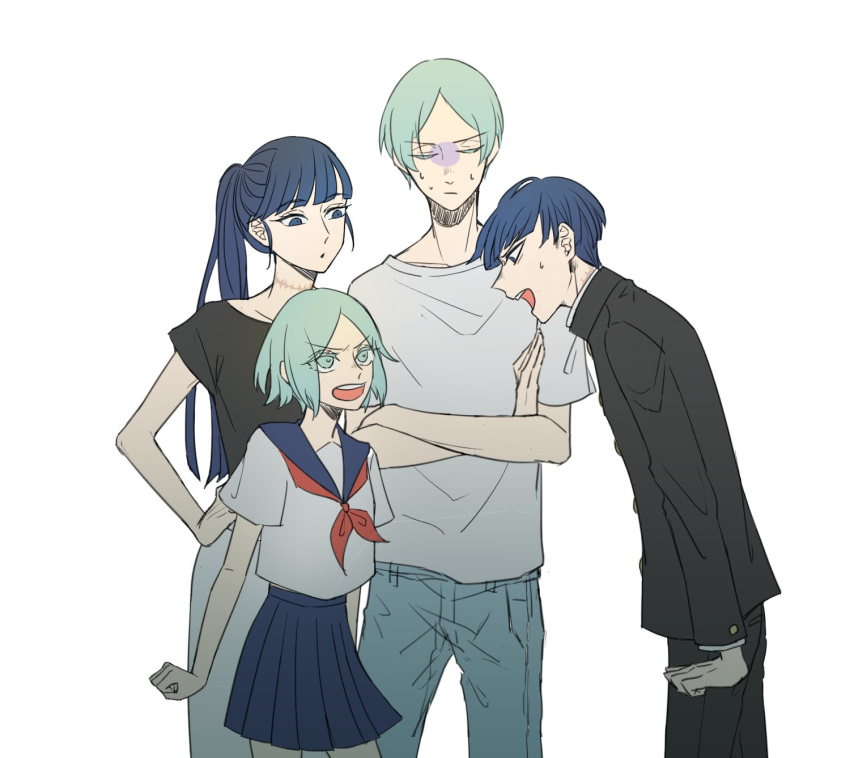 2boys 2girls alternate_costume angry annoyed bangs blue_eyes blue_hair blunt_bangs closed_eyes contemporary denim green_eyes green_hair highres houseki_no_kuni humanization jeans long_hair merume_(lonelysmile0807) multiple_boys multiple_girls multiple_persona neck_scar pants phosphophyllite phosphophyllite_(ll) ponytail sailor_collar scar school_uniform shirt short_hair skirt spoilers sweatdrop t-shirt white_background