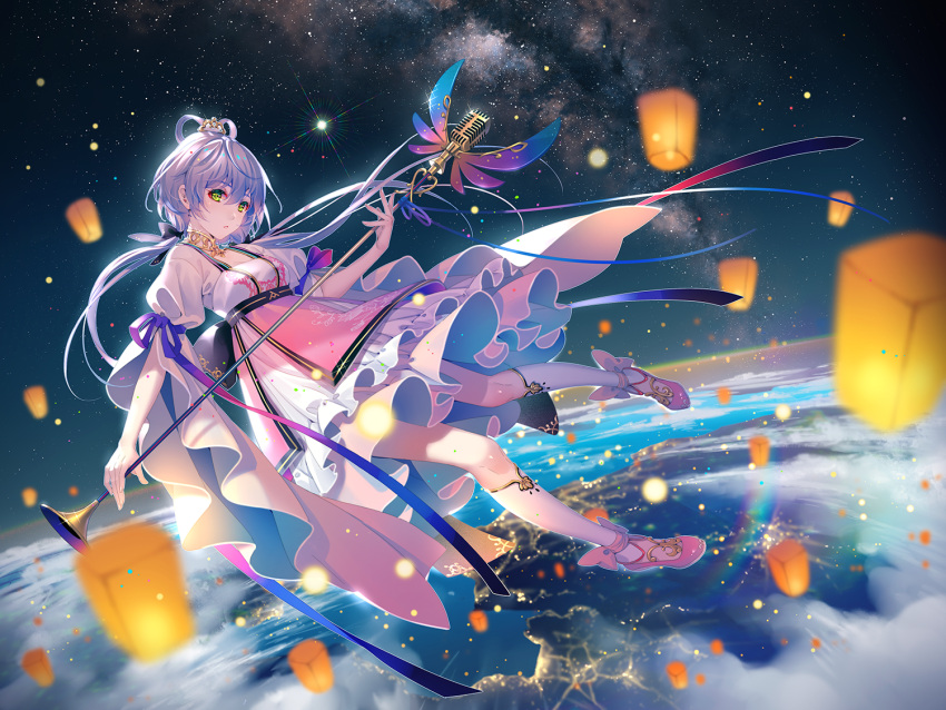 1girl bangs breasts dress earth full_body green_eyes hair_between_eyes hair_ornament hair_ribbon hair_rings holding kneehighs lantern long_hair looking_at_viewer low_twintails luo_tianyi microphone_stand midair paper_lantern revision ribbon shoes silver_hair sky small_breasts solo space sparkle star_(sky) starry_sky tidsean twintails vocaloid vocanese white_legwear