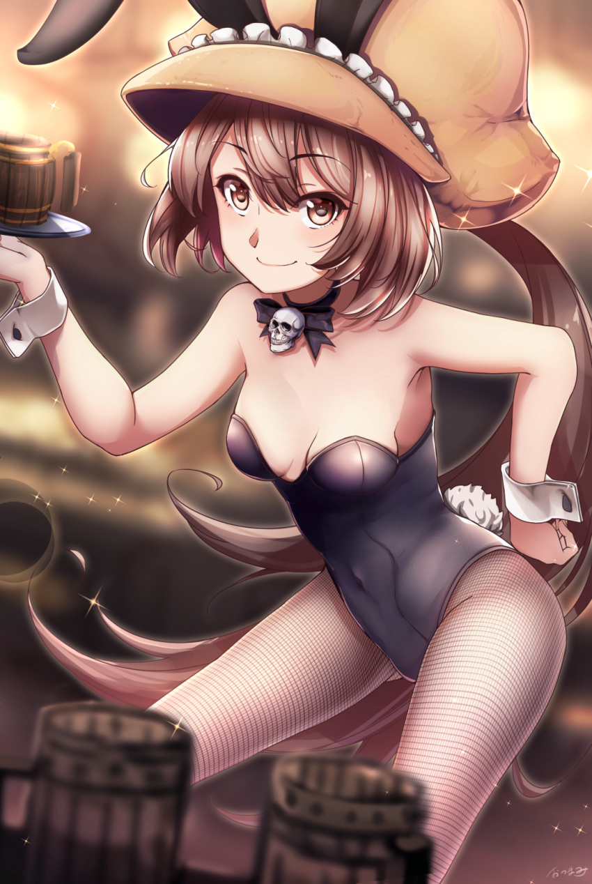 1girl animal_ears black_leotard black_ribbon blurry blurry_background blurry_foreground breasts brown_eyes brown_hair brown_hat bunny_tail bunnysuit choker cleavage eyebrows_visible_through_hair fake_animal_ears fishnet_pantyhose fishnets floating_hair guilty_gear hair_between_eyes hand_on_hip hat highres holding leotard long_hair may_(guilty_gear) otsumami_(otsu-mugi) pantyhose ponytail rabbit_ears ribbon ribbon_choker shiny shiny_hair skull small_breasts smile solo sparkle strapless strapless_leotard tail very_long_hair wrist_cuffs