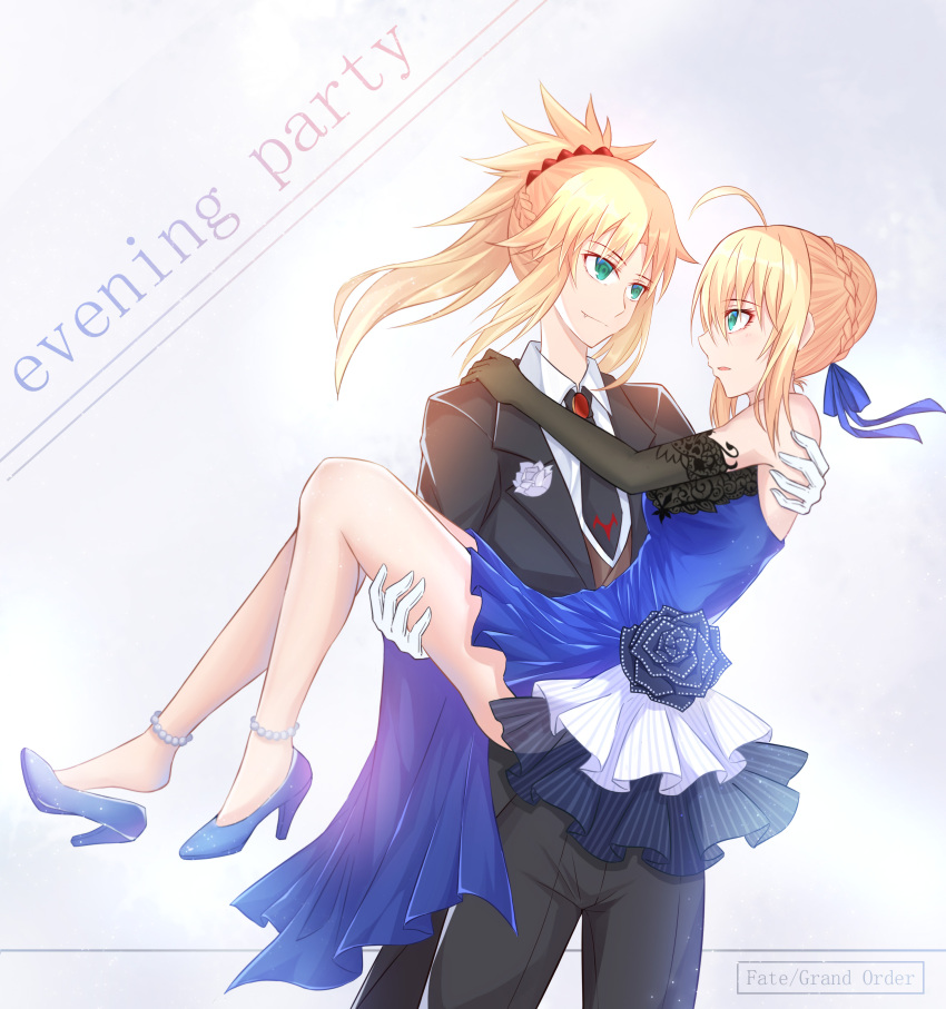 2girls 333_(pixiv8601259) absurdres ahoge anklet aqua_eyes artoria_pendragon_(all) black_gloves black_jacket black_neckwear black_pants blonde_hair blue_dress blue_footwear blue_ribbon carrying copyright_name cowboy_shot dress elbow_gloves eye_contact eyebrows_visible_through_hair fang_out fate/apocrypha fate/grand_order fate/stay_night fate_(series) formal full_body gloves hair_between_eyes hair_ornament hair_ribbon hair_scrunchie hand_on_another's_shoulder high_heels highres jacket jewelry long_hair looking_at_another mordred_(fate) mordred_(fate)_(all) mother_and_daughter multiple_girls necktie open_mouth pants ponytail princess_carry pumps red_scrunchie ribbon saber scrunchie sidelocks sleeveless sleeveless_dress smile standing tied_hair white_gloves
