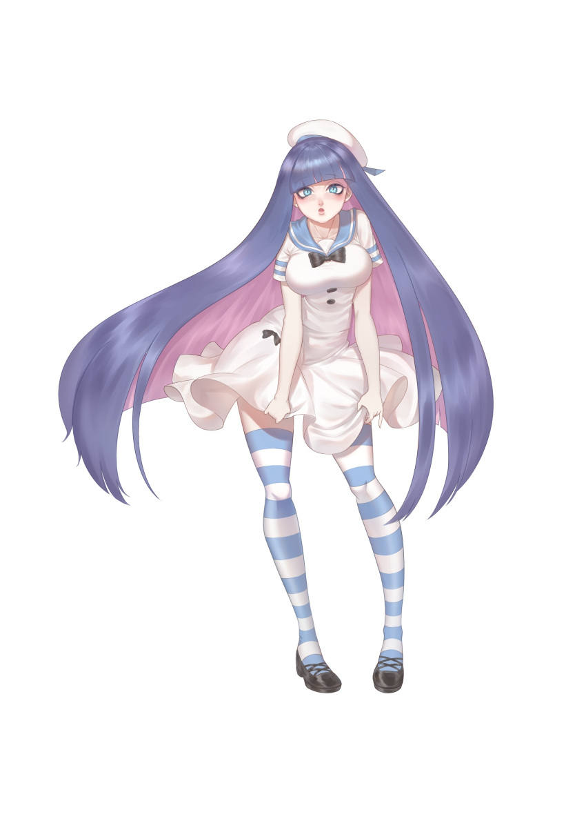 1girl :o absurdres bangs black_bow black_footwear blue_hair blue_sailor_collar blunt_bangs bow breasts collarbone dress eyebrows_visible_through_hair eyeshadow hat highres horizontal-striped_legwear horizontal_stripes kita-kun large_breasts long_hair looking_at_viewer makeup multicolored_hair panty_&amp;_stocking_with_garterbelt pink_hair sailor_collar sailor_dress sailor_hat shoes simple_background skirt_hold solo standing stocking_(psg) striped striped_legwear thigh-highs two-tone_hair very_long_hair white_background white_dress white_hat zettai_ryouiki