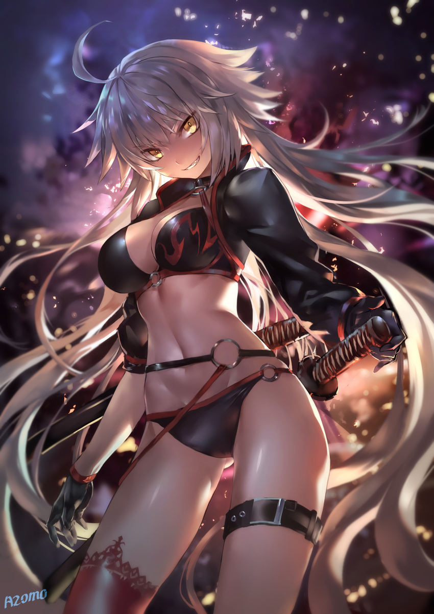 1girl ahoge ass_visible_through_thighs azomo bangs bikini black_bikini black_gloves black_jacket blurry blurry_background breasts brown_eyes cleavage commentary_request depth_of_field eyebrows_visible_through_hair fate/grand_order fate_(series) gloves grin hair_between_eyes head_tilt highres jacket jeanne_d'arc_(alter_swimsuit_berserker) jeanne_d'arc_(fate)_(all) katana large_breasts long_hair long_sleeves looking_at_viewer navel o-ring o-ring_bikini o-ring_bottom o-ring_top red_legwear revision sharp_teeth sheath sheathed sidelocks signature silver_hair single_thighhigh smile solo swimsuit sword teeth thigh-highs v-shaped_eyebrows very_long_hair weapon